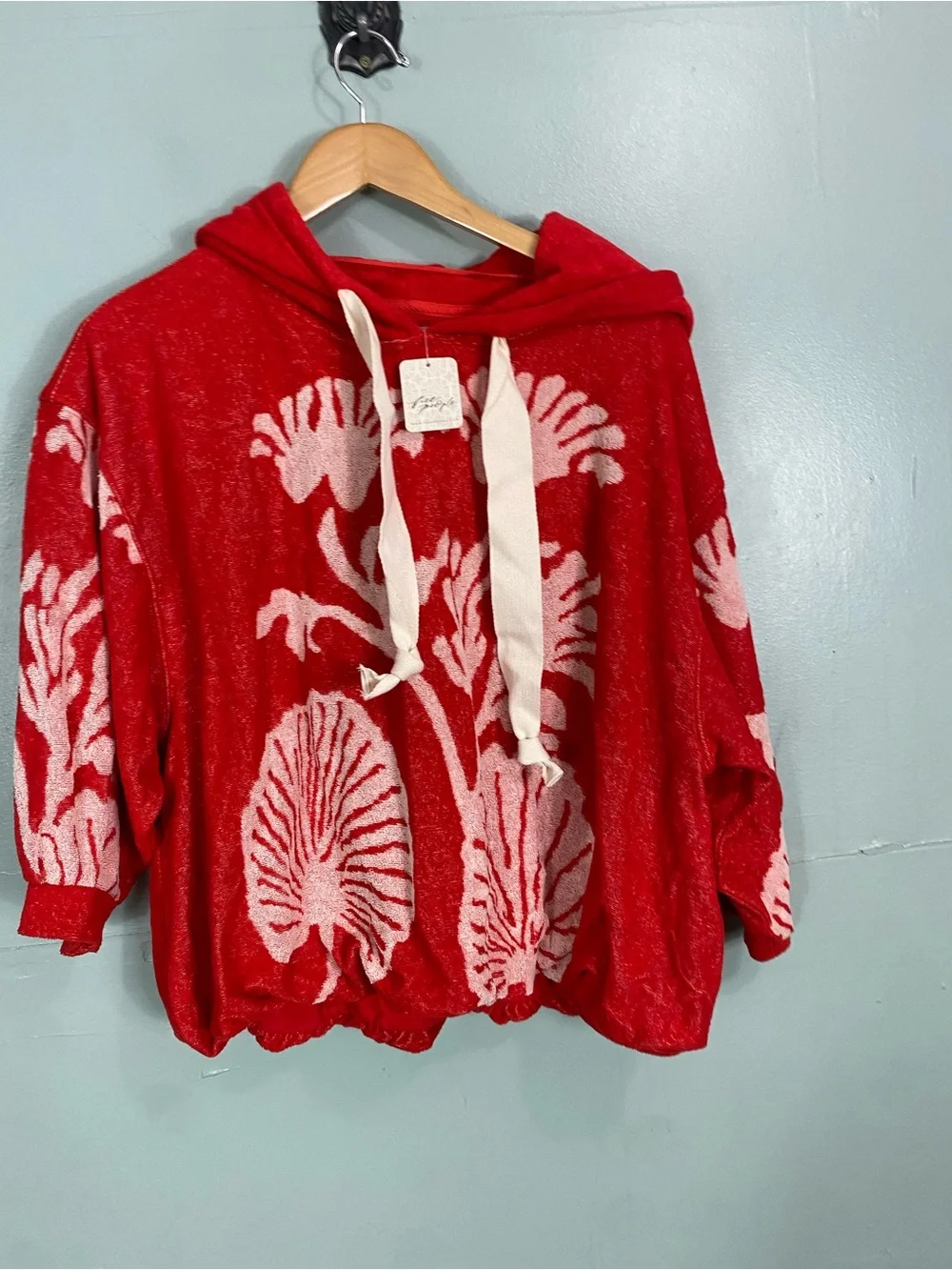 Free People Shell Baby Hoodie Medium Red Terry Cloth